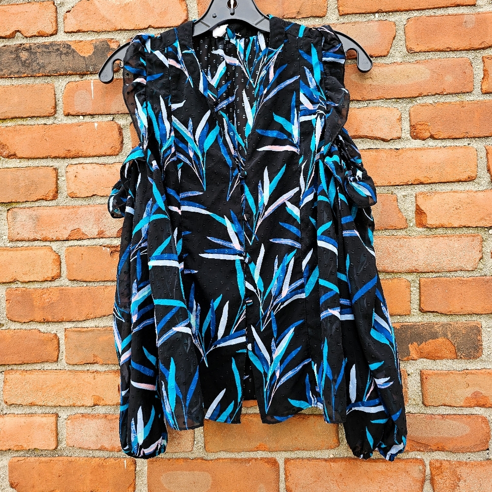 🌿 Highline Collective Cold Shoulder Leaf Print Blouse | Size M | Semi-Sheer Top